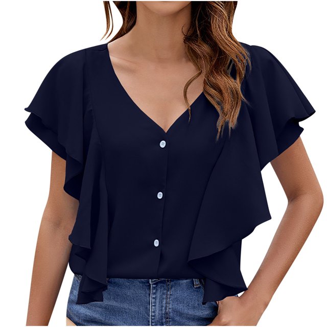 Yuyuzo Womens Button down Shirts Summer Deep V Neck Short Sleeve Blouses Ruffle Loose Fitted Flowy Tees