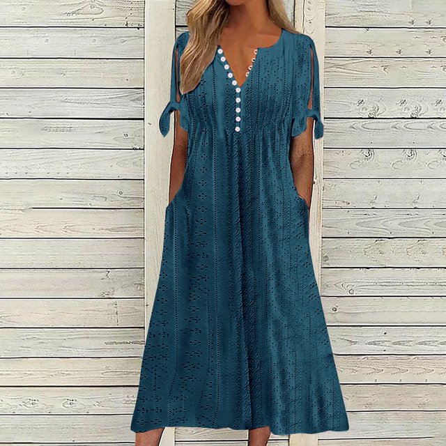 Babysbule Liquidation Robes d'Été pour Femmes, Mode Femmes Décontractée Ample Imprimé Papillon Col en V Manches Mi-Longues Boutons Poches Robe Longue