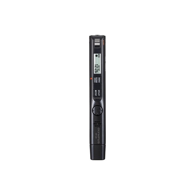 Olympus VP-20 8GB Voice Recorder with slim black body, front digital display showing recording time, menu and play/stop buttons, and circular navigation pad, featuring stereo microphones for clear digital audio recording, suitable for meetings and seminars.