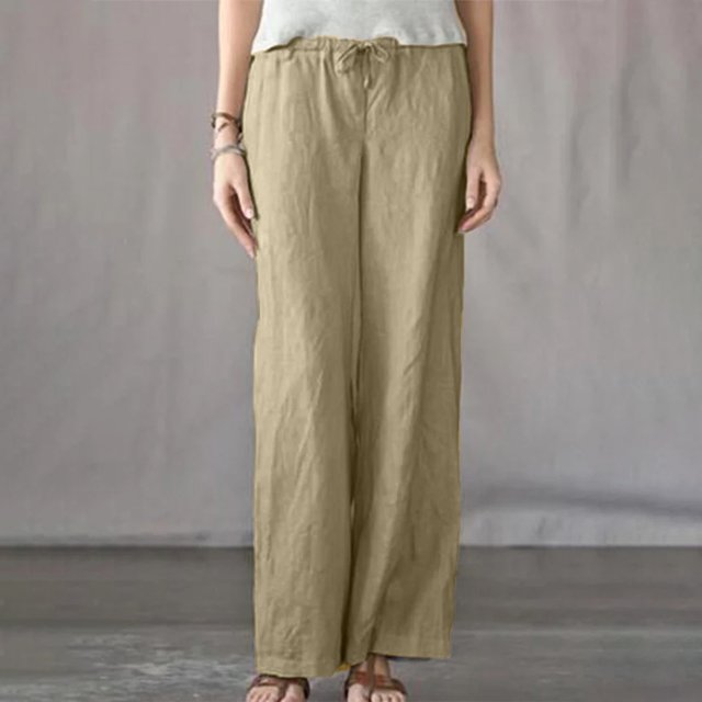 LSLJS Women's Spring and Solid Color Elastic Waist Cotton Linen Versatile Straight Tube Casual Wide Leg Pants Womens Work Pants