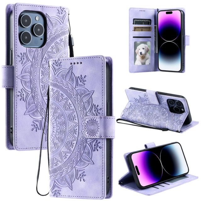 Flip Case for iPhone 16 Pro Max , Totem Embossed Flowers Premium PU Leather Wallet Folio Cover with Card Holder Kickstand Compatible with iPhone 16 Pro Max - Light Purple