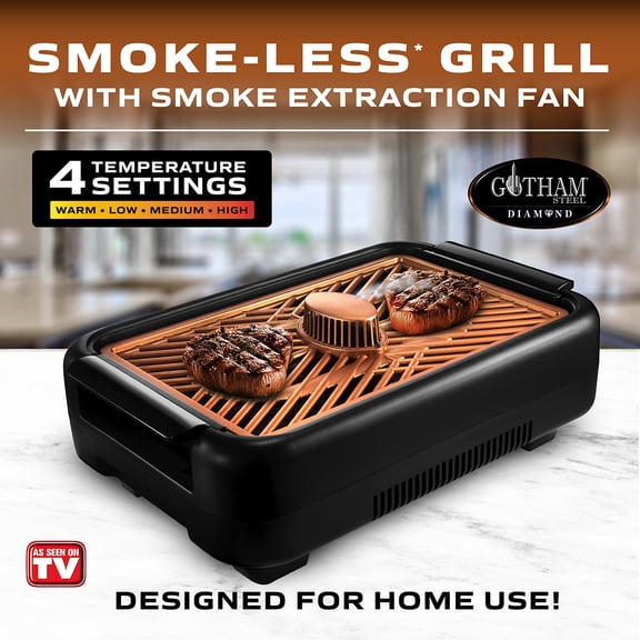 Gotham Steel Smokeless Grill with Fan, Indoor Grill Ultra Nonstick Electric Grill Dishwasher Safe Surface, Temp Control, Metal Utensil Safe, Barbeque Indoor Grill, As Seen on TV