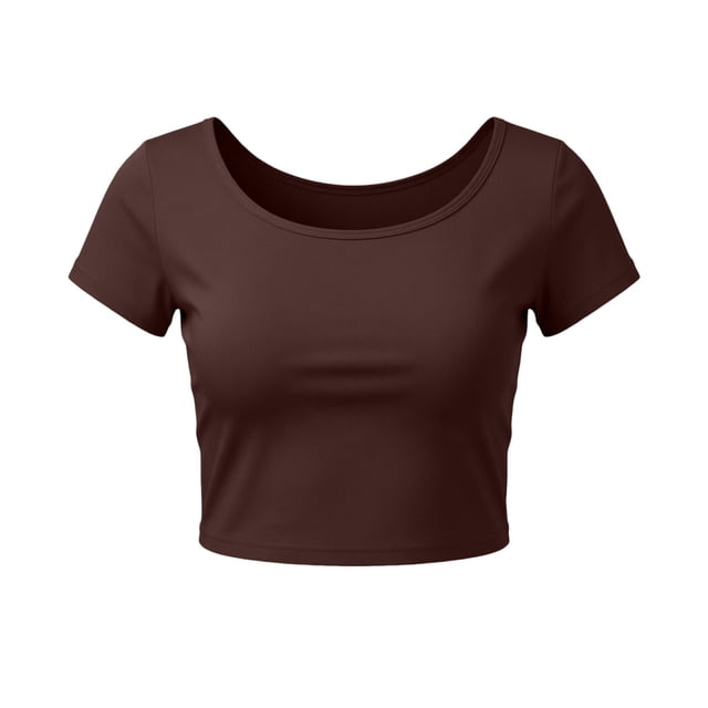 VSSSJ Hauts Courts pour Femmes Manches Courtes Col Rond Extensible Chandail Décontracté Ajusté Uni Confortable Été Basique T-Shirts Courts Café Taille Unique