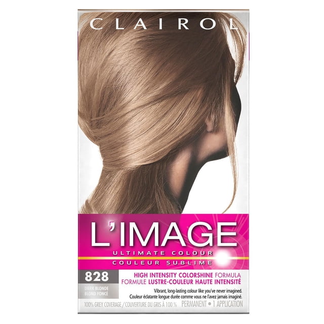 Clairol L'Image Boîte de Teinture Capillaire Permanente Affichant un Profil Latéral d'Une Femme aux Cheveux Blond Foncé Lisses, Teinte 828. l'Emballage Présente une Formule de Brillance de Couleur à Haute Intensité Offrant une Couleur Vibrante et Durable avec une Couverture de 100 % des Cheveux Gris et des Bienfaits Revitalisants en une Seule application.
