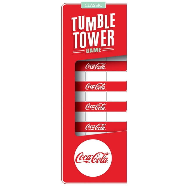 Masterpieces Puzzle Company Coca-Cola Tumble Tower Game with 54 red and white wooden blocks featuring Coca-Cola logos stacked inside a red rectangular box with a clear window, designed for stacking gameplay suitable for players aged 6 and up.