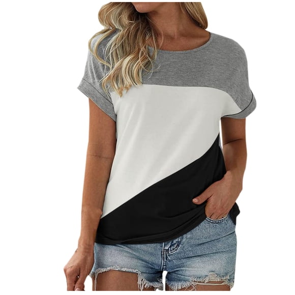 AherBiu Womens T Shirts Crew Neck Short Sleeve Tops Loose Fitting Comfy Cotton Stretchy Casual Tshirts Color Block