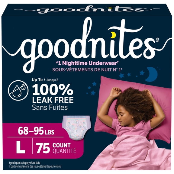 Goodnites Bedwetting Underwear for Girls, L (68-95 lbs), 75 Count