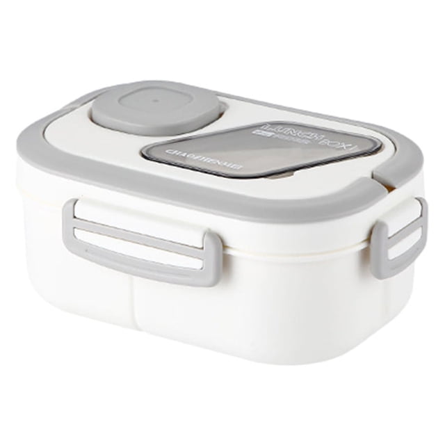 EGNMCR Kitchen Gadgets, Small Stainless Steel Insulated Lunch Box in white with a layered, compartmentalized design. Features thermal insulation for 4-6 hours, a built-in silicone sealing ring for leak prevention, a hidden handle for portability, and a silicone venting valve for easy lid opening. Compact size of 21x14.5x8.6cm, suitable as an adult lunch box for school, work, or outdoor camping. Includes a fork and spoon.
