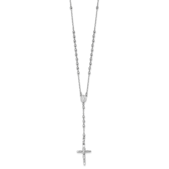 14k White Gold Diamond-cut 3mm Beaded Rosary Necklace 24 Inch