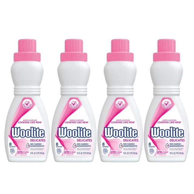 Woolite For All Delicates Laundry Detergent, 16 Fl Oz (Pack of 4). Four white bottles with pink caps and labels featuring the Woolite logo and text indicating it is suitable for delicate fabrics. Each bottle contains 16 fluid ounces of liquid detergent.
