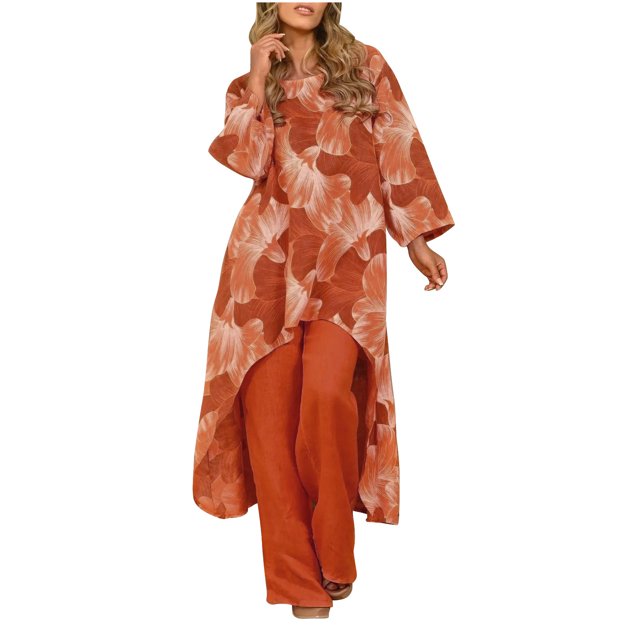 Mikilon Womens Stylish Outfit 2 Piece Set Summer Irregular Printed Pullover Irregular Two Piece Long Sleeve Round Neck Top/Shirt Set Orange L