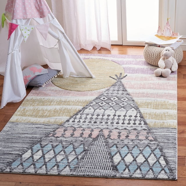 Safavieh Carousel Kids Tapis Tipi du Sud-Ouest en Tons pastel Atténués avec un Tipi du Sud-Ouest et des Motifs Géométriques, Tissé Mécaniquement à Partir de Fils Synthétiques Durables pour Chambres d'Enfants, Posé sur un Plancher de Bois Franc avec une Tente de Jeu Blanche, des Coussins et un Jouet en Peluche, Idéal pour une Déco Douce et Colorée pour Enfants.