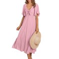 thumbnail image 1 of Robe d'Été pour Femmes 2024 Mode Grande Taille Col en V Manches Courtes Taille Unie Robes Rabais de 50 % Liquidation!, 1 of 9