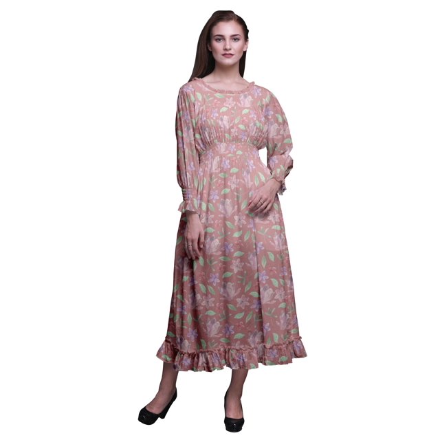 Bimba Floral Women Cotton Smocked Boho Renaissance Long Ruffle MaxiDress-Large