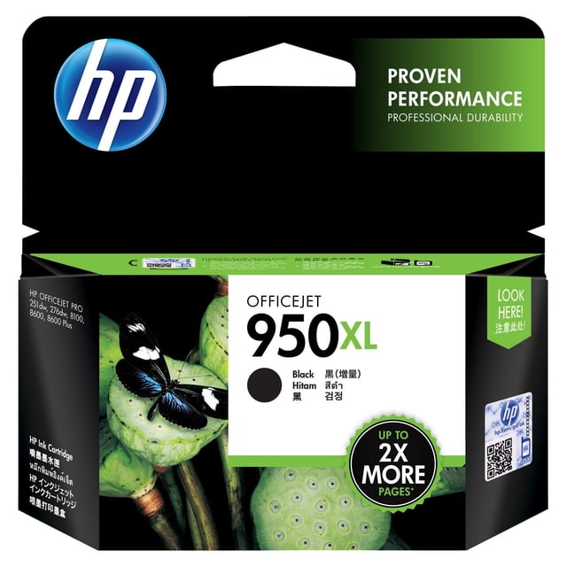 HP 950XL Black High Yield Original Ink Cartridge packaging featuring the HP logo and a black and white butterfly on green lotus seed pods, highlighting up to 2X more pages and professional durability for HP Officejet Pro 251, 276, 8100, and 8600 series printers.
