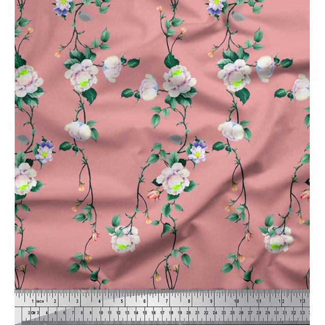 Soimoi Poly Georgette Fabric Leaves & Peony Floral Decor Fabric Printed Yard 52 Inch Wide