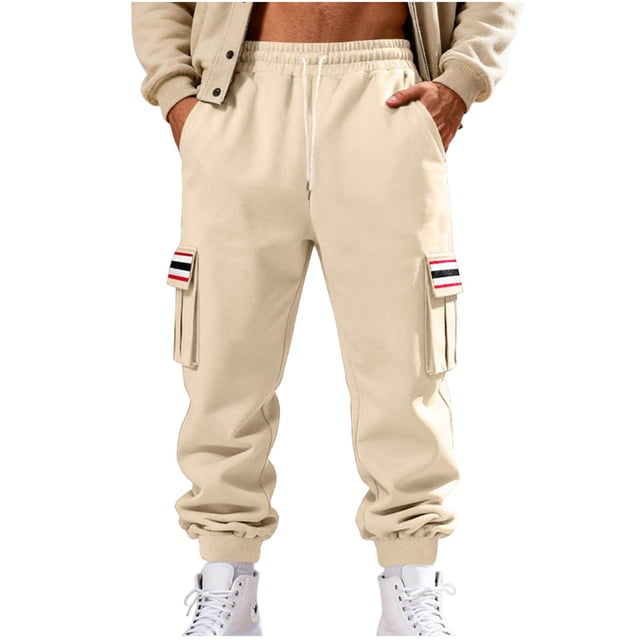 Lovzfmll Men's Retro Striped Fleece Joggers, Solid Color Base, Heavy Pile, Drawstring Waist, Pockets for Warmth Beige, XL