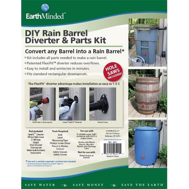 EarthMinded F-RN025 Bricolage Rain Barrel Kit, un Kit Multicolore Conçu pour Convertir des Tambours en Plastique Recyclé Ou des Barils à Déchets en Barils de Pluie. Comprend un Déviateur FlexiFit Breveté pour Prévenir les Débordements, un Robinet, un drain et une Scie à Trous pour une installation Facile. Comprend un Système Scellé pour Résister aux Moustiques, aux Organismes Malgènes et à la Croissance des Algues. Convient à une Utilisation Extérieure avec des Descentes Rectangulaires standard. Dimensions : 12 Pouces de long, 3