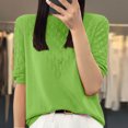 thumbnail image 2 of Olyvenn Women T-Shirt à Manches Courtes en Tricot de Soie Glacée Ajourée pour Femme, Coupe Ample, Col Rond, Chandail Tricoté, Haut Vert P, 2 of 3
