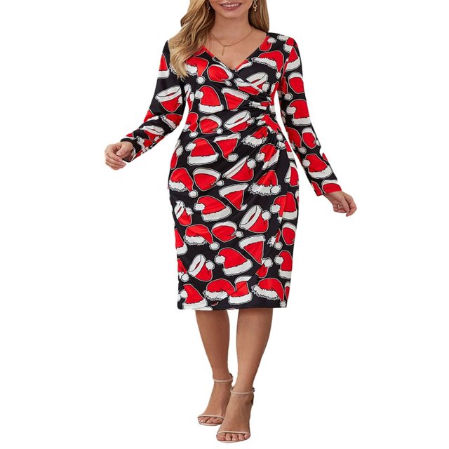 Robe à Motif Cartoon pour Femmes avec Manches Longues et Col en V Parfaite pour Noël