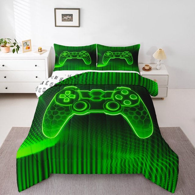 Erosebridal Gaming Bedding Full Comforter Set for Boys, Neon Gamepad Down Comforter, Video Games Theme Decor, Reversible 3pcs