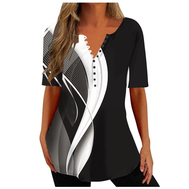 Penkiiy Tunique Florale pour Femmes Blouse Décontractée Col en V Manches Courtes Boutons T-Shirts L Noir