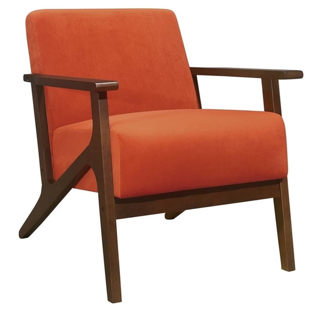 Lexicon August Fauteuil d'Appoint Rembourré en Velours Orange avec Cadre en Bois de Caoutchouc Massif et Fini Noyer Foncé. le Fauteuil a un Rembourrage en Mousse au-Dessus des Ressorts Ensachés, un Rembourrage en Tissu Velours et des Coussins de Dossier et d'Assise Attachés. Sa Conception Angulaire Profilée Comprend des Accoudoirs et des Pattes en Bois Exposés. les Dimensions Sont de 32 Pouces de Hauteur, 27,5 Pouces de Largeur et 32 Pouces de Profondeur, avec une Hauteur d'Assise de 20 Pouces et une Hauteur d'Accoudoir de 24,5 Pouces