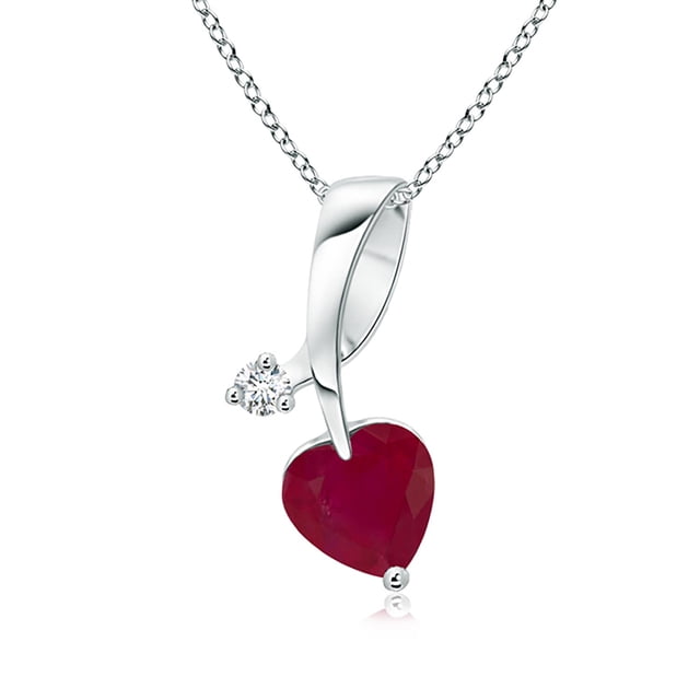 Angara Natural Ruby Necklace - Heart-Shaped Ruby Ribbon Pendant with Diamond in Platinum for Women