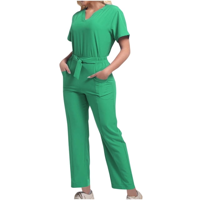 Grrvtrz Womens Scrubs Set Casual Workwear Drawstring Threaded Pant Legs 2PC, V Neck Stretch Scrub Top & Straight Leg Pants