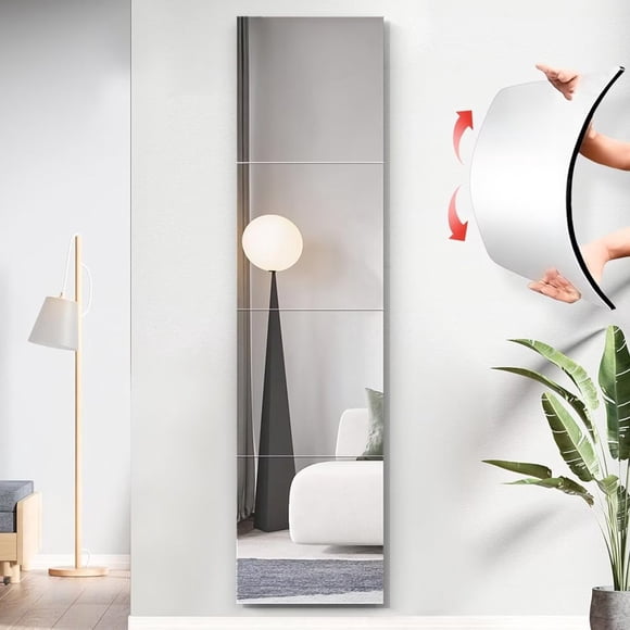 EIGTHTAIL Unbreakable Full Length Wall Mirror Over The Door Mirror Thick 1/8” 64”x16” 4Pcs 16”x16” Made of Shatterproof Plexiglass Acrylic Long Mirrors for Bedroom Workout for Home Gym Bo