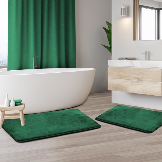 Set of 2 Clara Clark Bath Mat Bathroom Rug - Absorbent Memory Foam Bath Rugs - Non-Slip, Cozy Microfiber Bathrug, Plush Shower, Toilet Bathmats - Hunter Green - Large Size 20"x32" Small Size 17”x24”