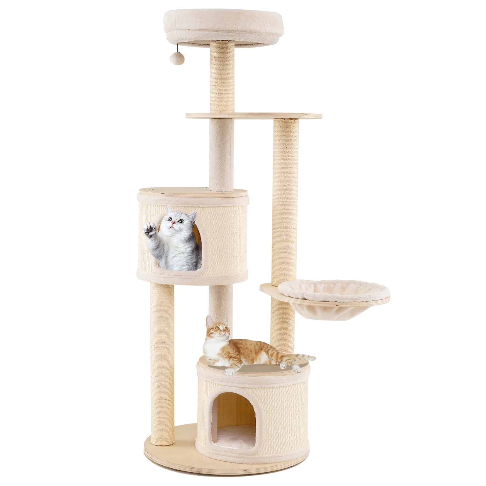 Gymax 60'' Tall Cat Tree Wooden Kitten Tower w/ Sisal Scratching Posts & Mat 2 Condos Perch Hammock