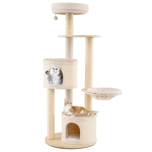 Gymax Tour de chat en bois de 60'' de haut avec poteaux de scratching Sisal & Mat 2 Condos Perch Hammock