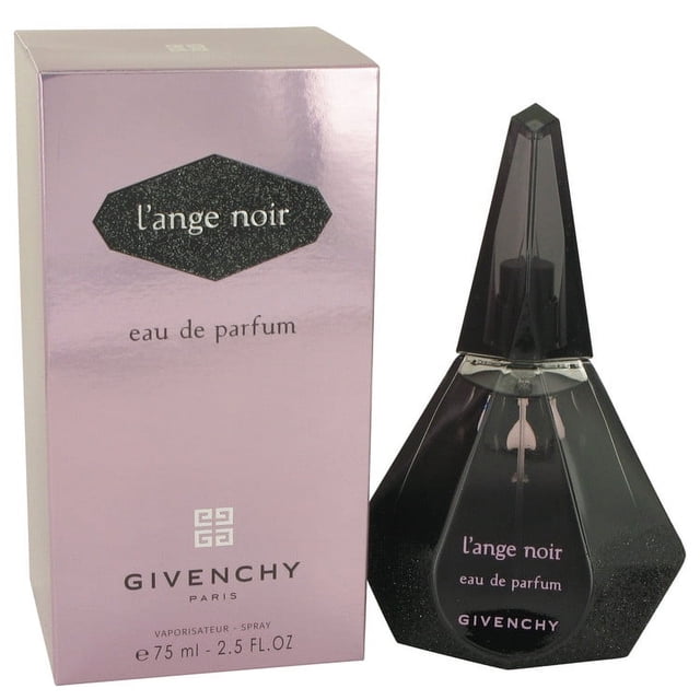 Givenchy l'ange Noir Eau De Parfum Spray for Women, 2.5 ounces. The image displays a black, angular perfume bottle with a pointed cap, positioned beside a lavender box with the product name and Givenchy branding. The design reflects luxury and is tailored for women's fragrances.