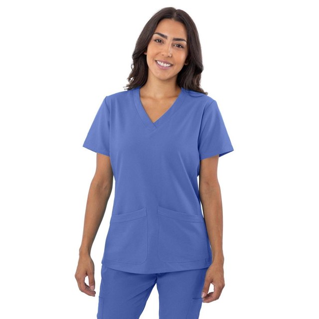 Greentown Canada 4Flex 1201) Sarraus Haut de Sarrau ( Bleu à Coupe Contemporaine, Col en V, Manches Courtes et Deux Poches Appliquées. Fait de 93 % polyester et 7 % Élasthanne avec Tissu Extensible 4 Directions et Évacuant l'Humidité, Assorti à des Pantalons de Sarrau Assortis. Idéal pour les Professionnels de la Santé Qui Ont Besoin de Vêtements de Travail Flexibles et Faciles d'Entretien.
