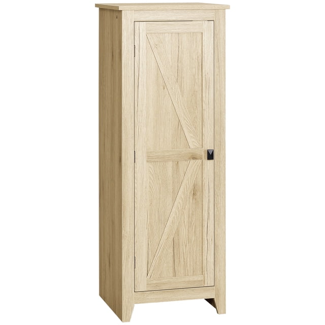 HOMCOM Garde-Manger de Cuisine de 48 Pouces, Armoire de Rangement de Couleur Naturelle avec design de Porte de Grange. Présente une Disposition à Quatre Niveaux avec Deux Tablettes Ajustables pour un Rangement Personnalisable. Fabriqué en MDF et Panneau de Particules, Comprend des Trousses Anti-Basculement pour la Sécurité et une Porte Magnétique pour un Accès Facile. dimensions Compactes de 17,1 Pouces L x 15,7 Pouces P x 47,8 Pouces H le Rendent Idéal pour les Petites Cuisines Ou Appartements.
