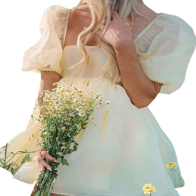 Women Off Shoulder Puff Sleeve Mini Dress Tulle Princess Dress Ruffle Mesh Evening Party Prom Dress