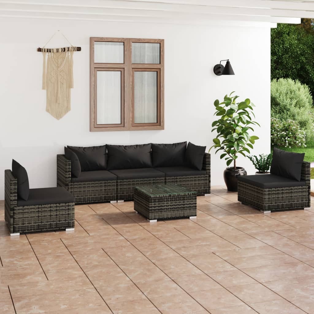 vidaXL 6 Piece Garden Lounge Set with Cushions Poly Rattan Grey