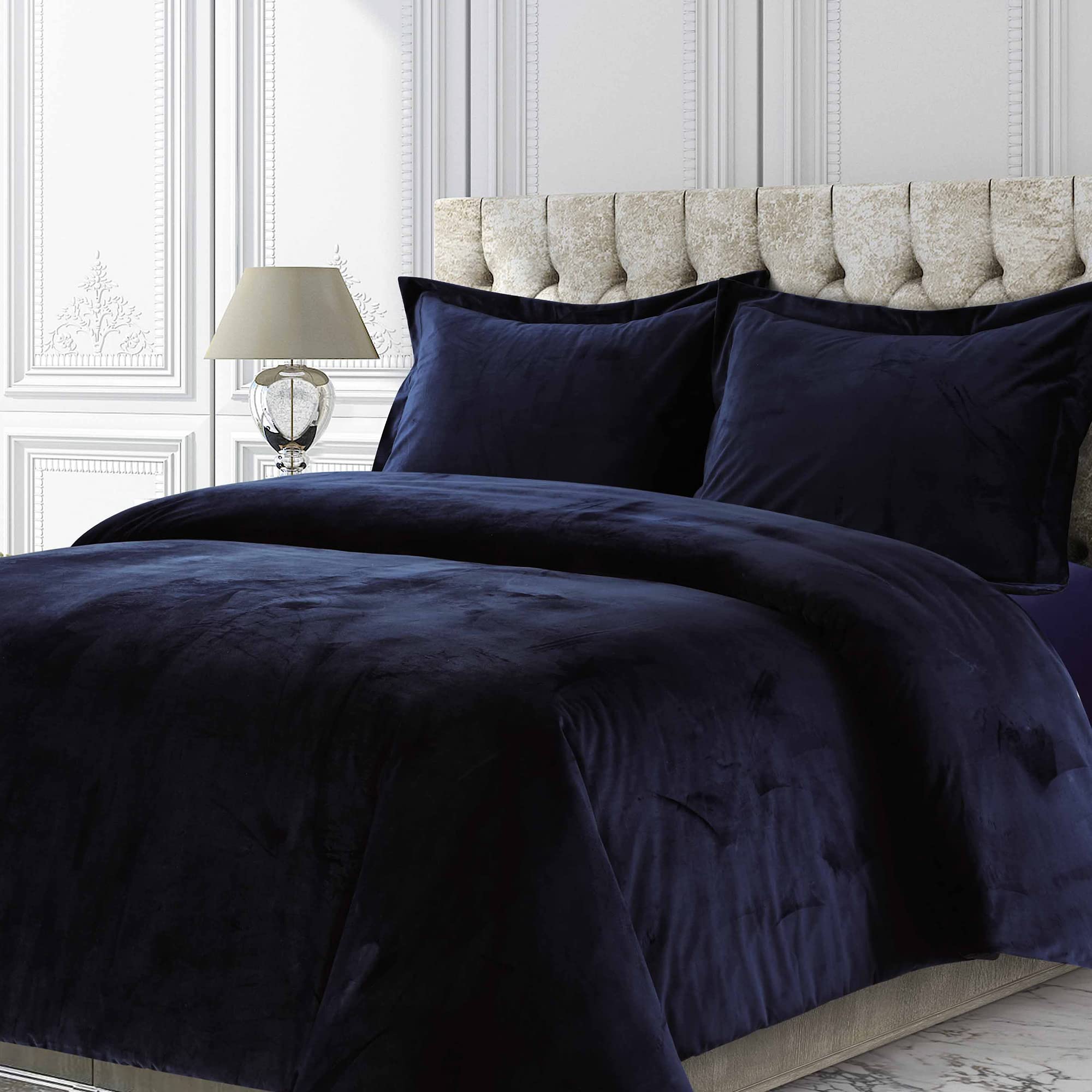 Tribeca Living Venice Velvet Oversized Solid Duvet Set, King, Indigo (VENICEDUVETKIIN)