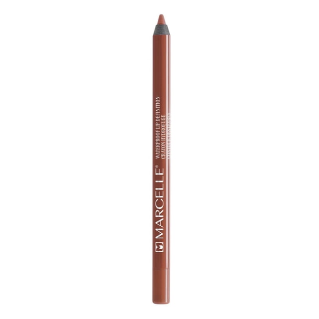 Marcelle Waterproof Lip Definition Crayon in brown, shown upright with the pointed tip exposed, featuring a smooth matte finish and white brand text on the barrel, designed for precise, long-lasting waterproof lip lining and correcting lip imperfections with a natural matte finish.