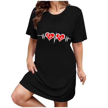 Kelon Women Nightgowns & Sleepshirts Plus Size Casual Sleep Dress Women's Plus Heart Print Short Sleeve Round Neck Medium Stretch Loose Nightdress Valentine's Day Nightdress