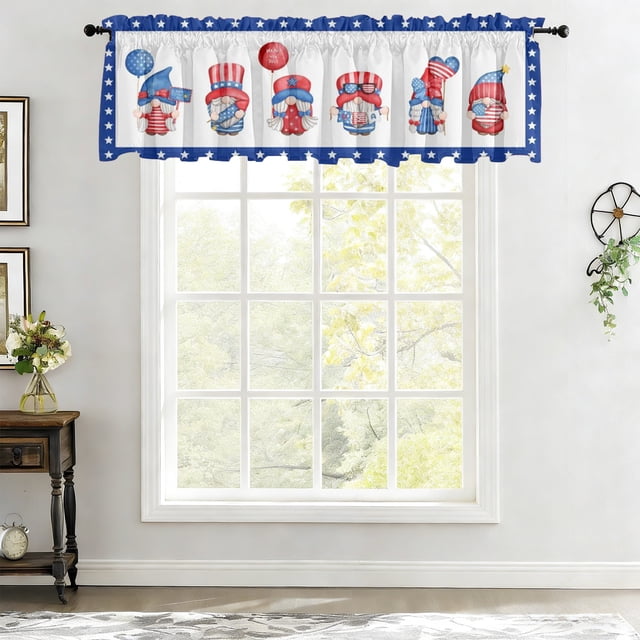 Independence Day Gnome Kitchen Window Valance Rod Pocket Polyester Curtain for Party and Home Decor