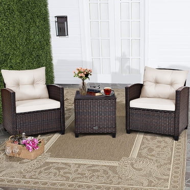 Costway Ensemble de Mobilier de Patio en Rotin 3 Pcs Canapé Coussiné Table Basse de Jardin Blanc Cassé