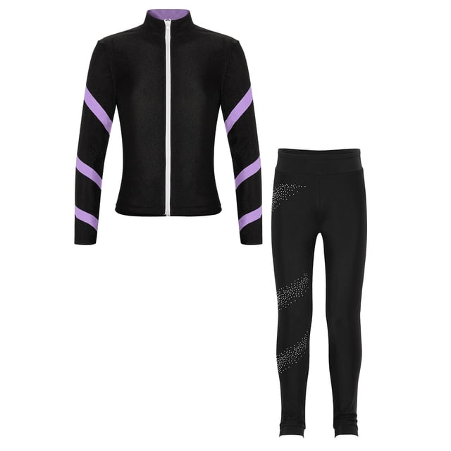 Yeahdor Kids Girls 2 Piece Figure Skating Training Suit Long Sleeve Zipper Jacket And Rhinestone Leggings Set Light Purple 8