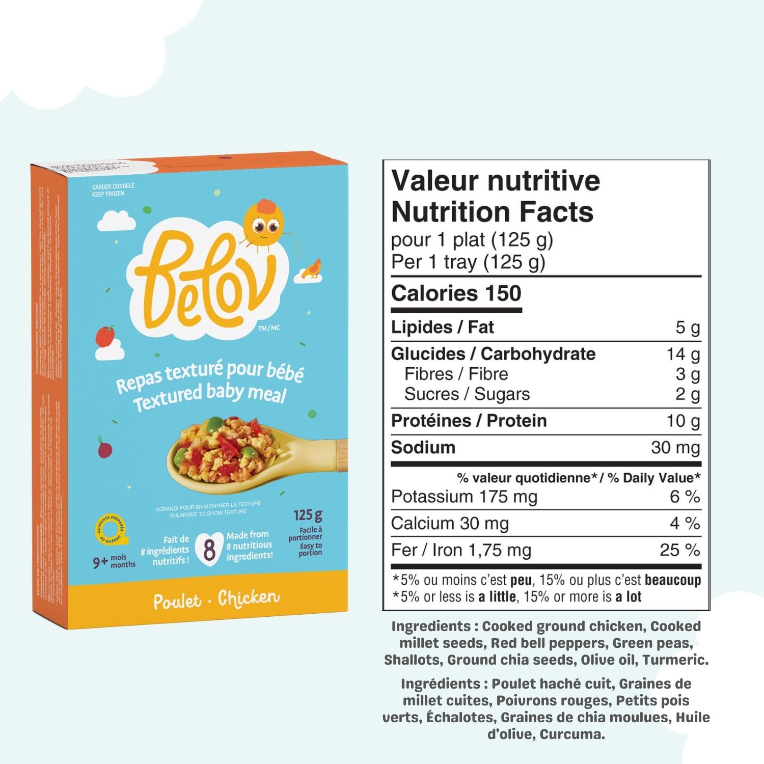 Belov Repas Texturé pour Bébé, Poulet, Aliment Surgelé pour Bébés dès 9 mois, 100 g
