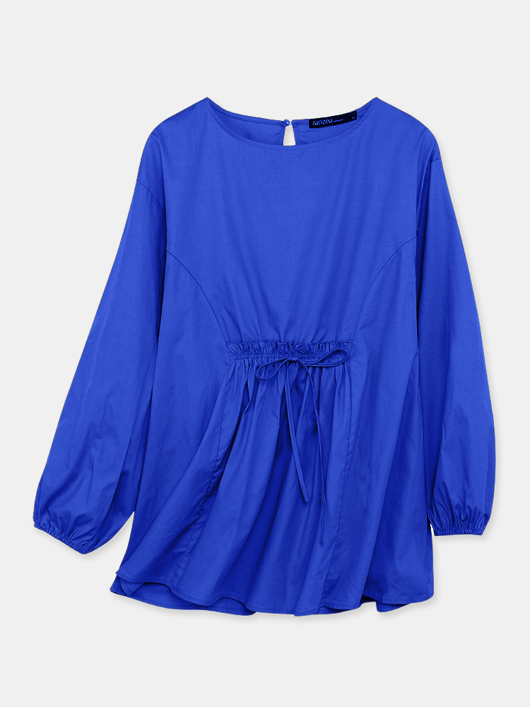 ZANZEA Chandail à Col Rond à Manches Longues pour Femmes, Haut, Blouse à Laçage avec Garniture Plissée