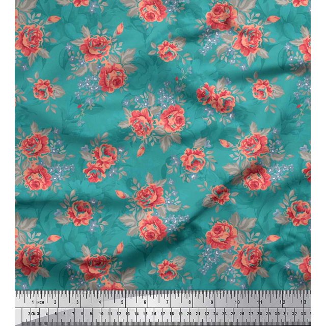 Soimoi Tissu en Coton Duck Feuilles et Imprimé Floral de Roses 1 Yard 42 Pouces de Large