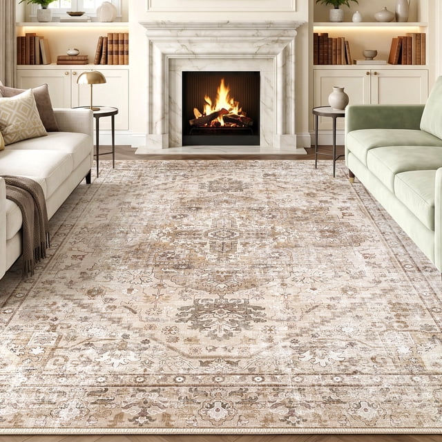 Exenoray Washable Bohemian Rug, Non-Slip Low Pile Printed Carpet, Faux Cashmere Surface, Coffee Brown 10*14