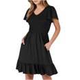 thumbnail image 2 of Penkiiy Robe Courte d'Été pour Femme à Col Rond, Décontractée, Smockée, Manches Bouffantes, Mignonne, avec Poches, m Noir, 2 of 6