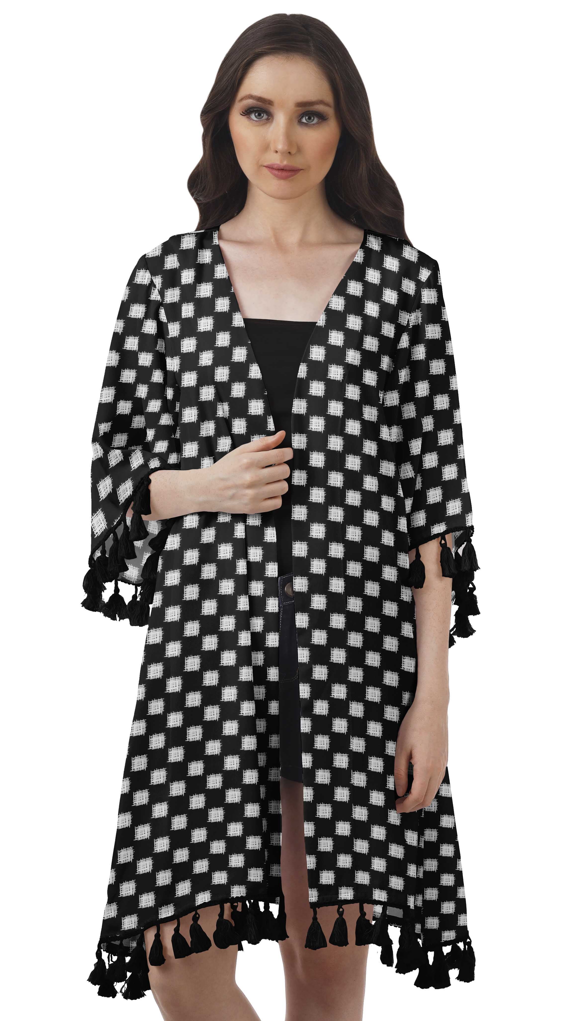 Moomaya Front Open Printed Shrug 3/4 Sleeve Georgette Beach Cover Up For Women